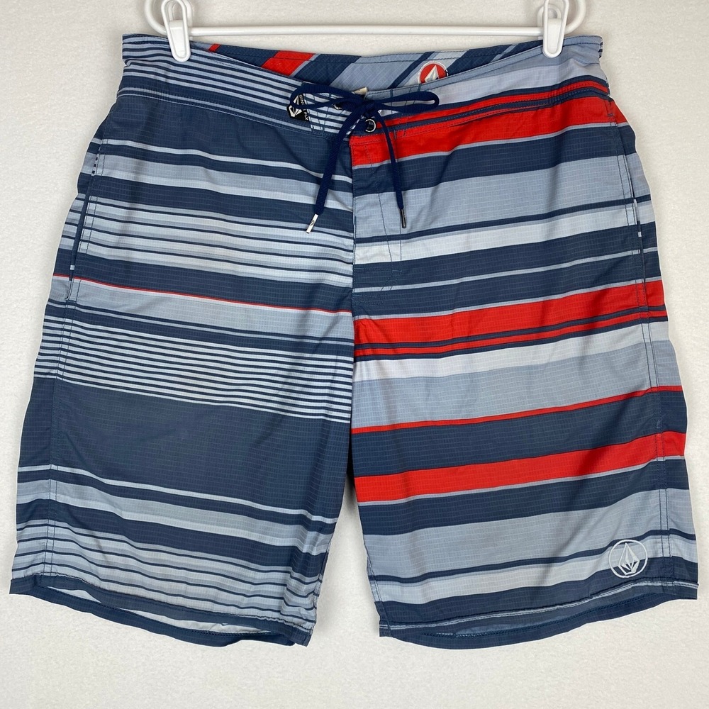Volcom Board‎ Shorts Men's 36 Red Blue Stripe Ripstop Beach Surf